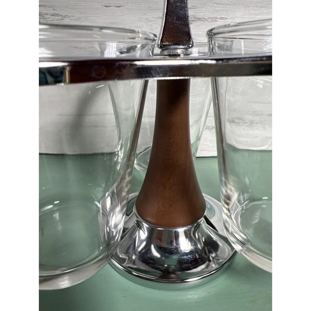 Vintage Chrome Glass Condiment Holder Faux Wood